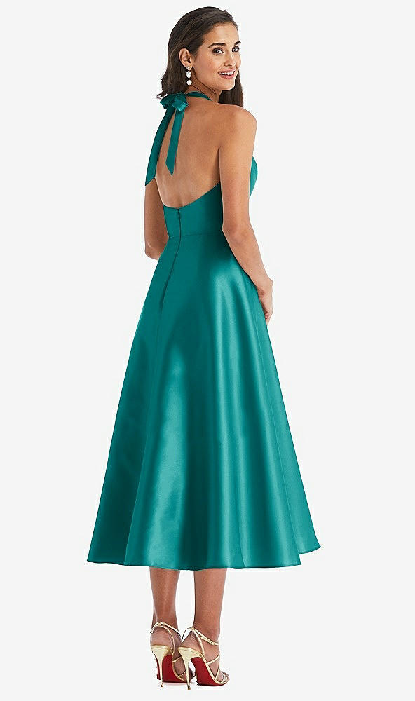 Back View - Jade Tie-Neck Halter Full Skirt Satin Midi Dress