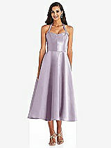 Front View Thumbnail - Lilac Haze Tie-Neck Halter Full Skirt Satin Midi Dress