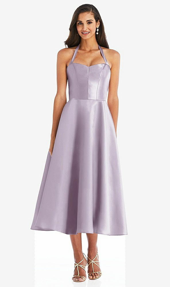 Front View - Lilac Haze Tie-Neck Halter Full Skirt Satin Midi Dress