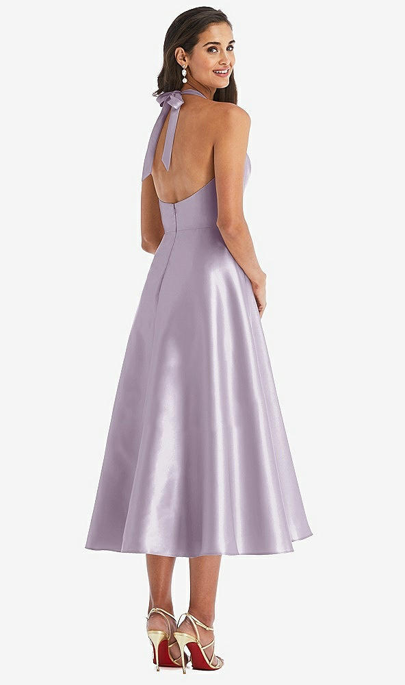 Back View - Lilac Haze Tie-Neck Halter Full Skirt Satin Midi Dress