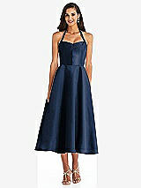 Front View Thumbnail - Midnight Navy Tie-Neck Halter Full Skirt Satin Midi Dress