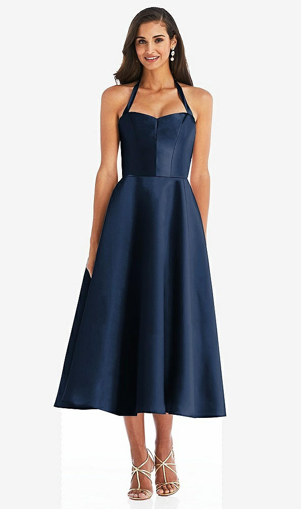 Front View - Midnight Navy Tie-Neck Halter Full Skirt Satin Midi Dress