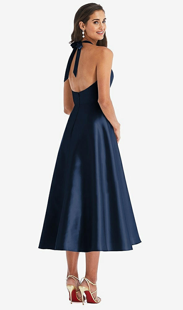 Back View - Midnight Navy Tie-Neck Halter Full Skirt Satin Midi Dress