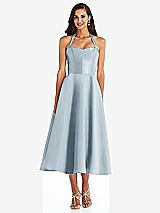 Front View Thumbnail - Mist Tie-Neck Halter Full Skirt Satin Midi Dress