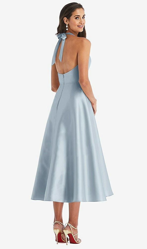 Back View - Mist Tie-Neck Halter Full Skirt Satin Midi Dress