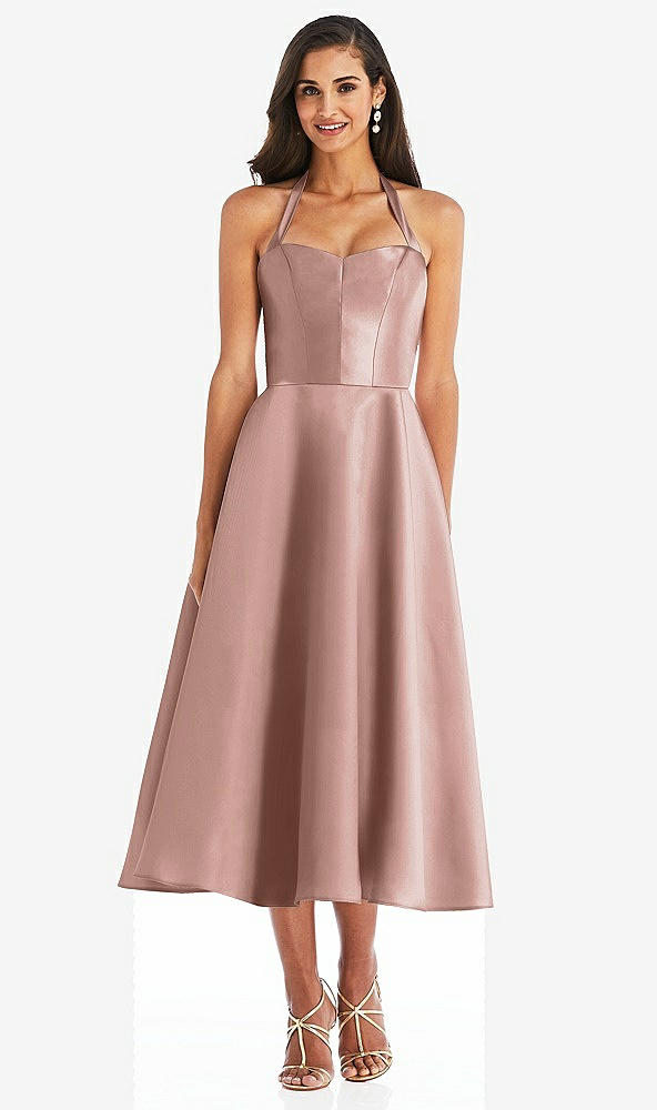 Front View - Neu Nude Tie-Neck Halter Full Skirt Satin Midi Dress