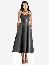 Front View Thumbnail - Pewter Tie-Neck Halter Full Skirt Satin Midi Dress