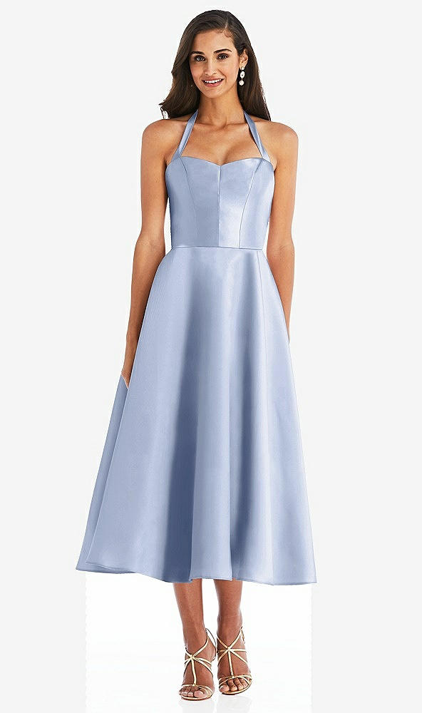 Front View - Sky Blue Tie-Neck Halter Full Skirt Satin Midi Dress