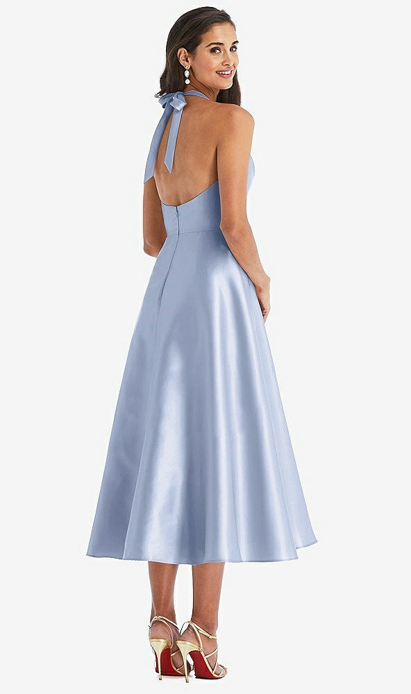 Back View - Sky Blue Tie-Neck Halter Full Skirt Satin Midi Dress