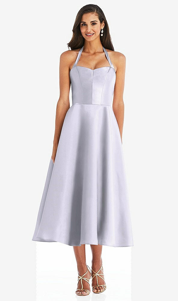 Front View - Silver Dove Tie-Neck Halter Full Skirt Satin Midi Dress