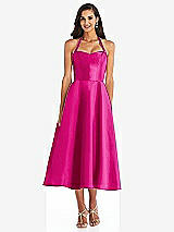 Front View Thumbnail - Think Pink Tie-Neck Halter Full Skirt Satin Midi Dress