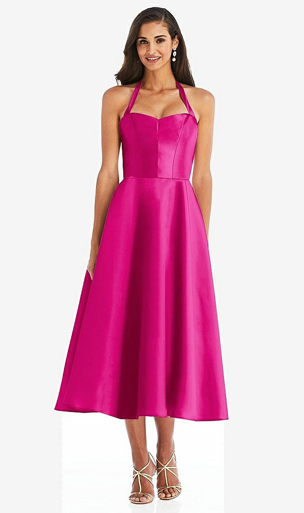 Front View - Think Pink Tie-Neck Halter Full Skirt Satin Midi Dress