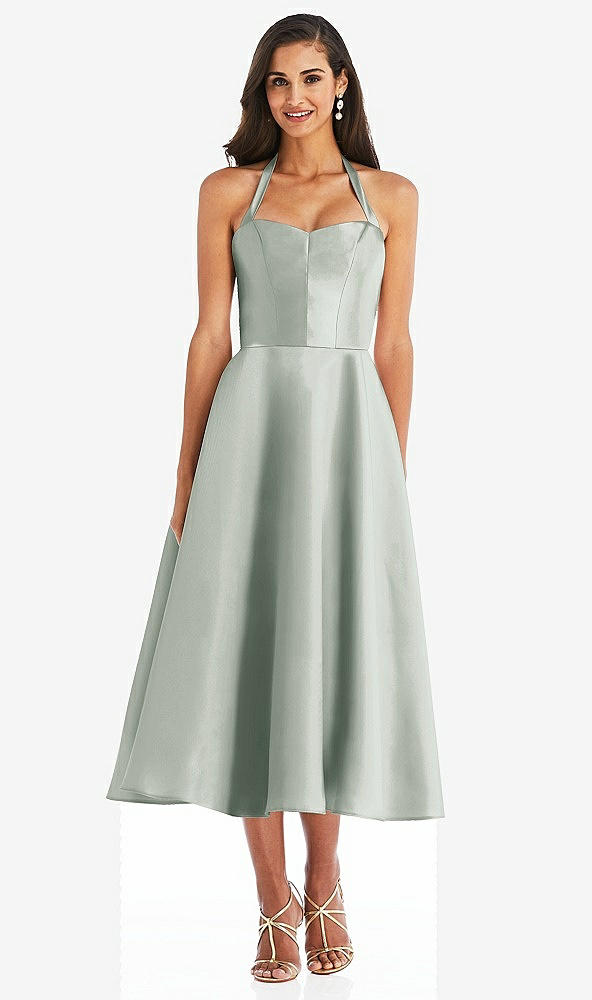 Front View - Willow Green Tie-Neck Halter Full Skirt Satin Midi Dress