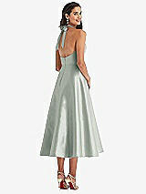 Rear View Thumbnail - Willow Green Tie-Neck Halter Full Skirt Satin Midi Dress