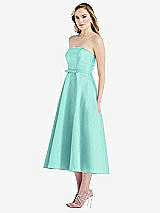 Side View Thumbnail - Coastal Strapless Bow-Waist Full Skirt Satin Midi Dress