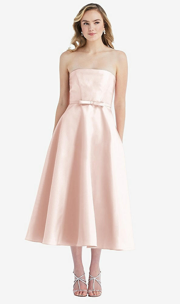 Front View - Blush Strapless Bow-Waist Full Skirt Satin Midi Dress