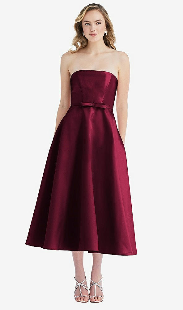 Front View - Cabernet Strapless Bow-Waist Full Skirt Satin Midi Dress