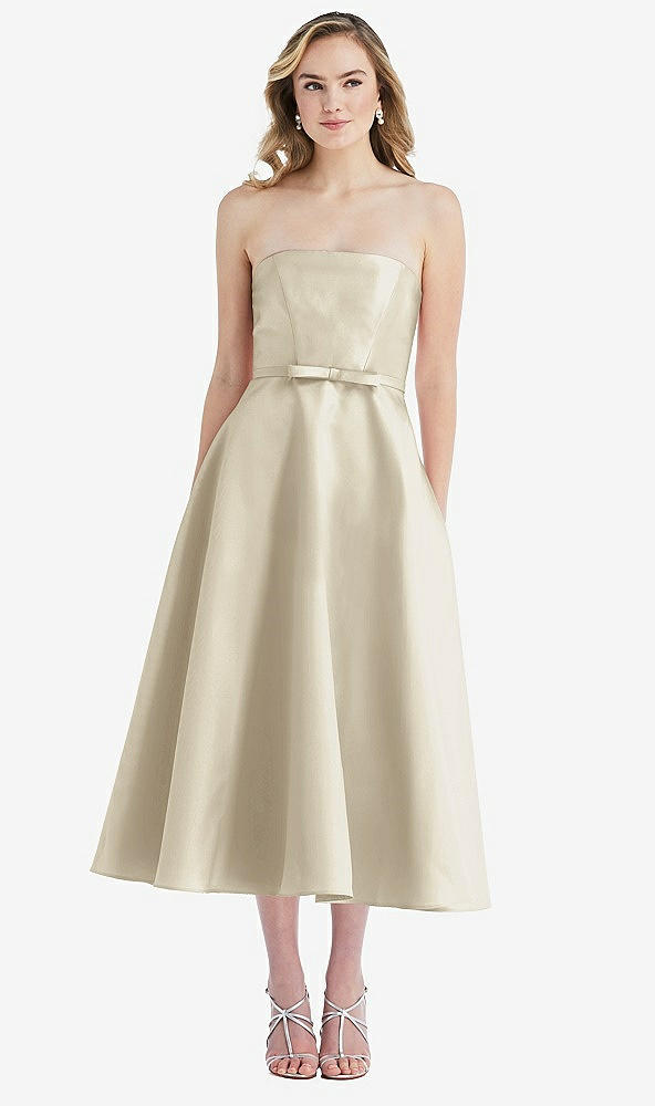 Front View - Champagne Strapless Bow-Waist Full Skirt Satin Midi Dress