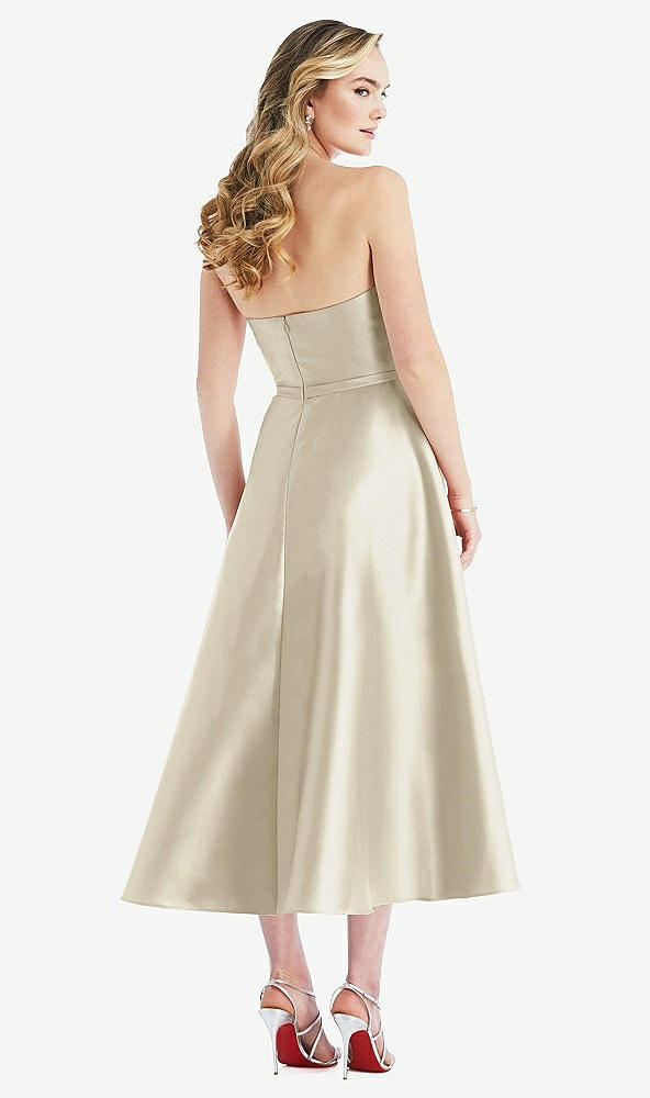 Back View - Champagne Strapless Bow-Waist Full Skirt Satin Midi Dress