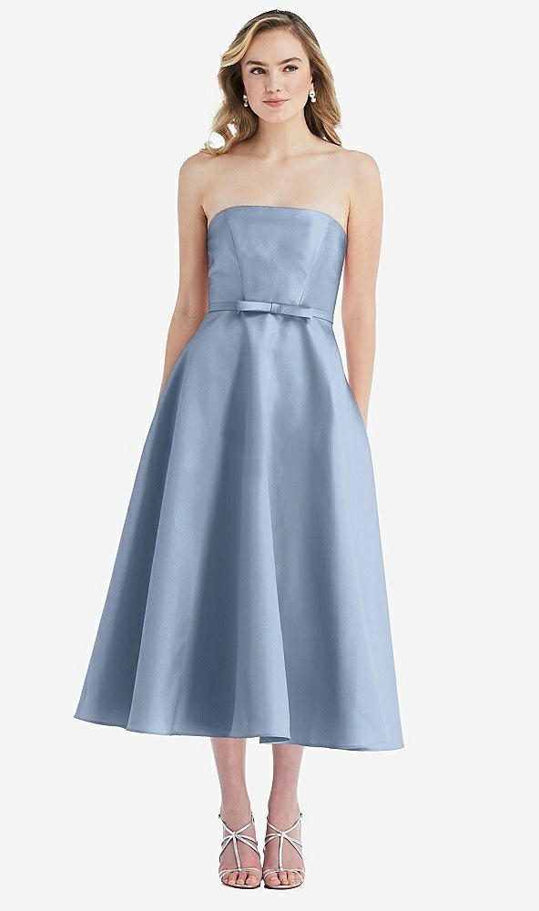 Front View - Cloudy Strapless Bow-Waist Full Skirt Satin Midi Dress