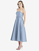 Side View Thumbnail - Cloudy Strapless Bow-Waist Full Skirt Satin Midi Dress