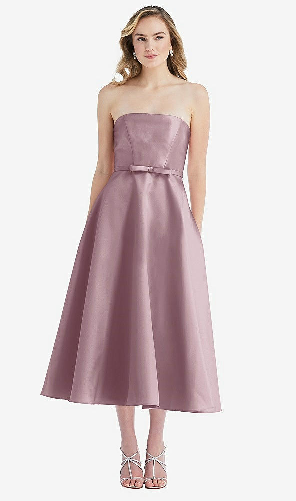 Front View - Dusty Rose Strapless Bow-Waist Full Skirt Satin Midi Dress