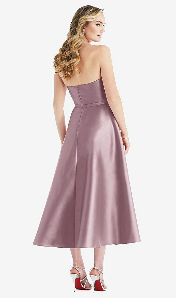 Back View - Dusty Rose Strapless Bow-Waist Full Skirt Satin Midi Dress