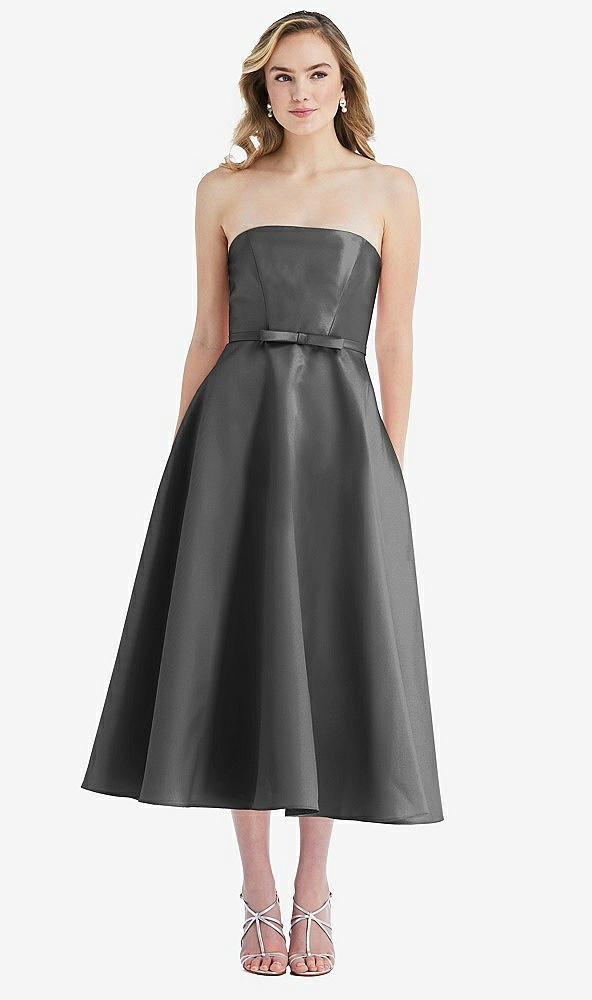 Front View - Gunmetal Strapless Bow-Waist Full Skirt Satin Midi Dress