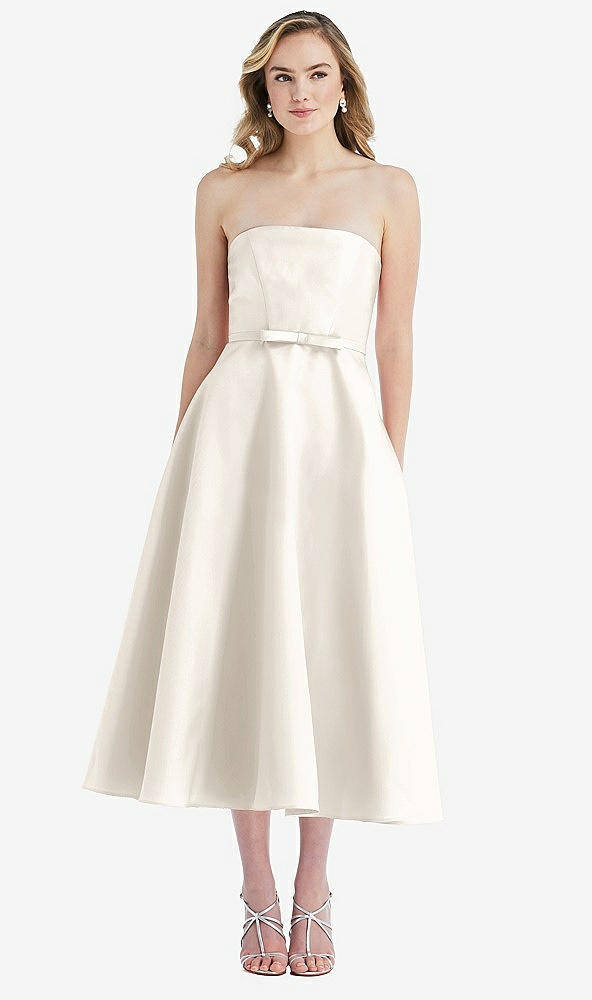 Front View - Ivory Strapless Bow-Waist Full Skirt Satin Midi Dress