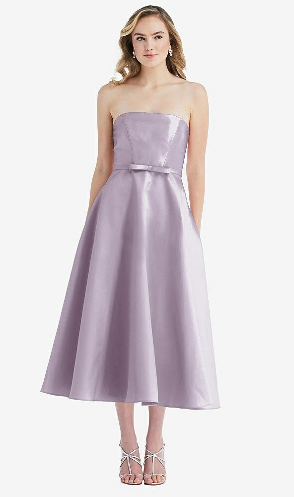 Front View - Lilac Haze Strapless Bow-Waist Full Skirt Satin Midi Dress