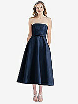 Front View Thumbnail - Midnight Navy Strapless Bow-Waist Full Skirt Satin Midi Dress