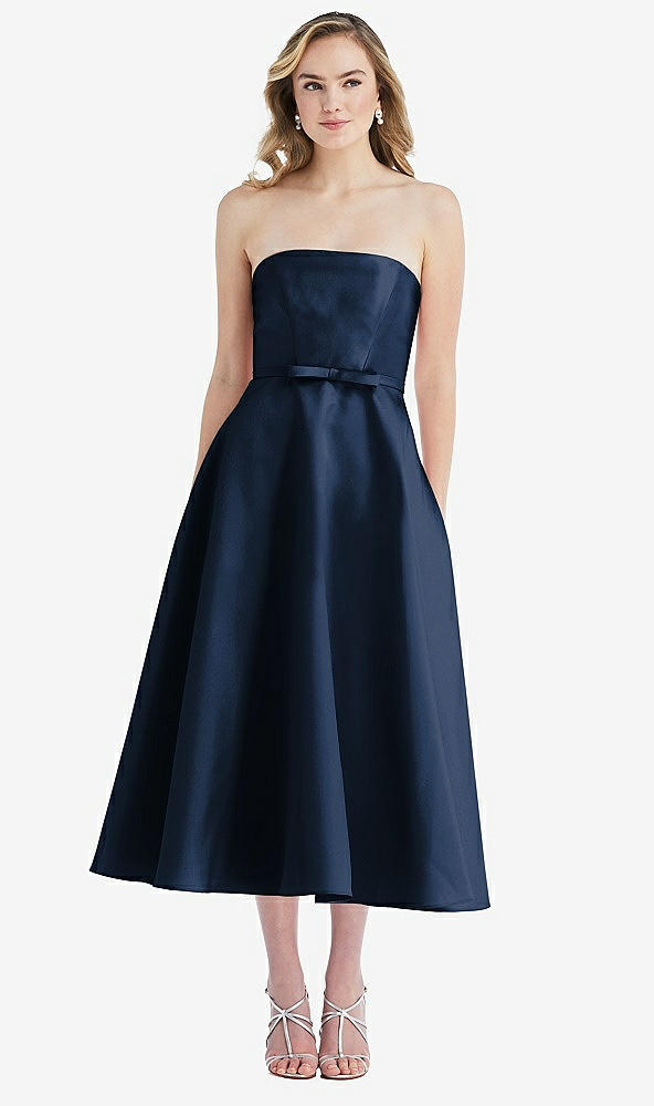 Front View - Midnight Navy Strapless Bow-Waist Full Skirt Satin Midi Dress