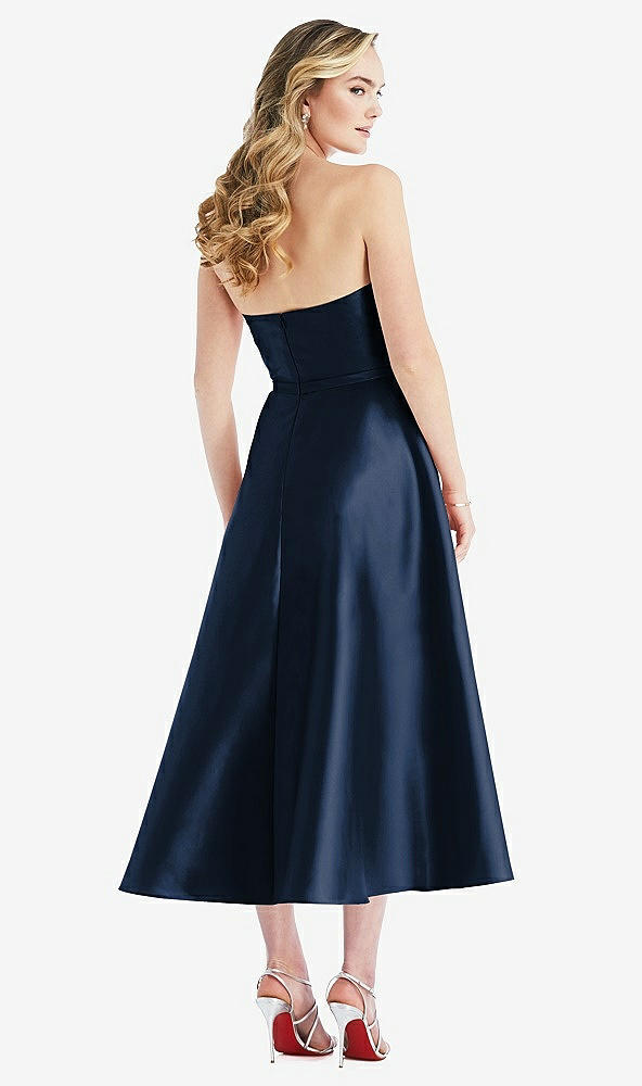 Back View - Midnight Navy Strapless Bow-Waist Full Skirt Satin Midi Dress