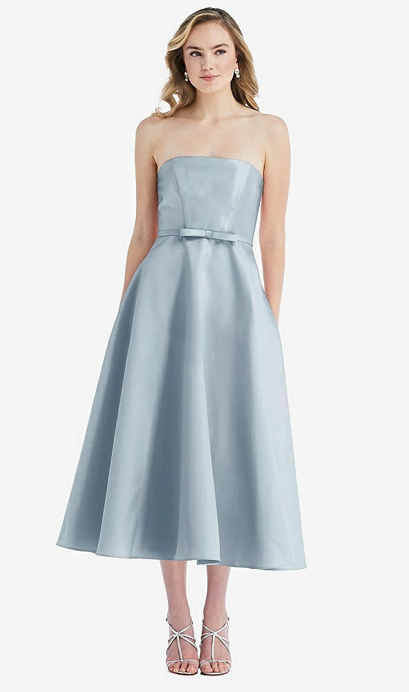 Front View - Mist Strapless Bow-Waist Full Skirt Satin Midi Dress