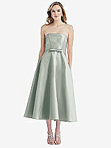 Front View Thumbnail - Willow Green Strapless Bow-Waist Full Skirt Satin Midi Dress