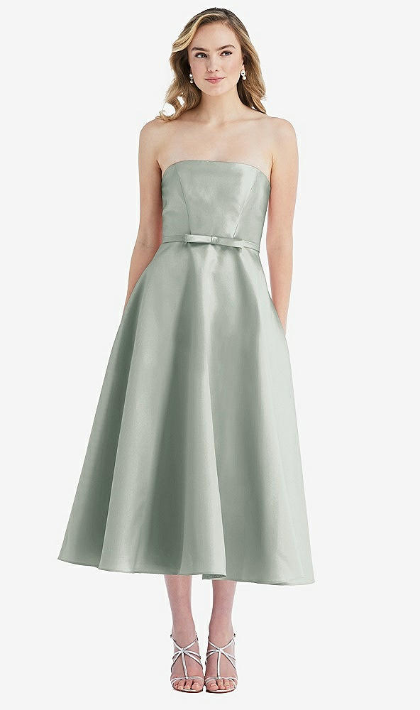 Front View - Willow Green Strapless Bow-Waist Full Skirt Satin Midi Dress