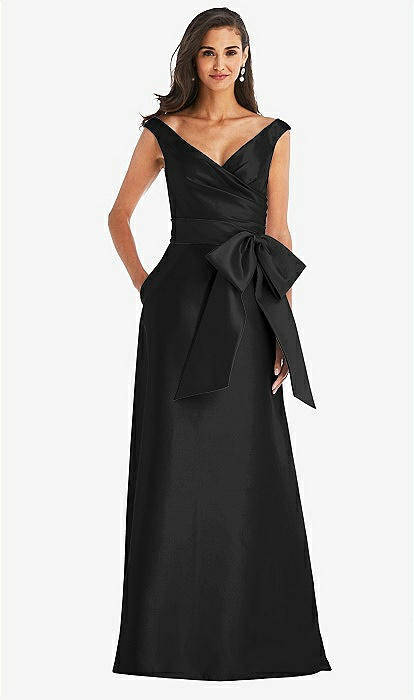 Off the shoulder Bow waist Maxi Bridesmaid Dress With Pockets In Black Black The Dessy Group