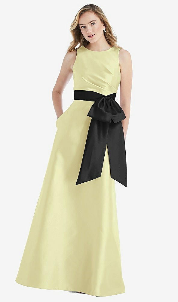 Front View - Butter Yellow & Black High-Neck Bow-Waist Maxi Dress with Pockets