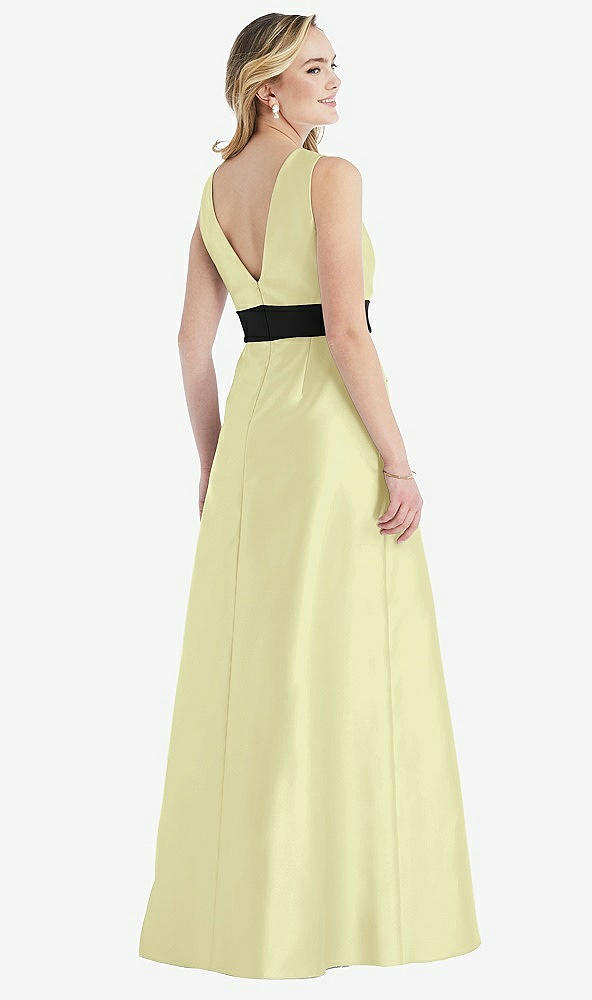 Back View - Butter Yellow & Black High-Neck Bow-Waist Maxi Dress with Pockets