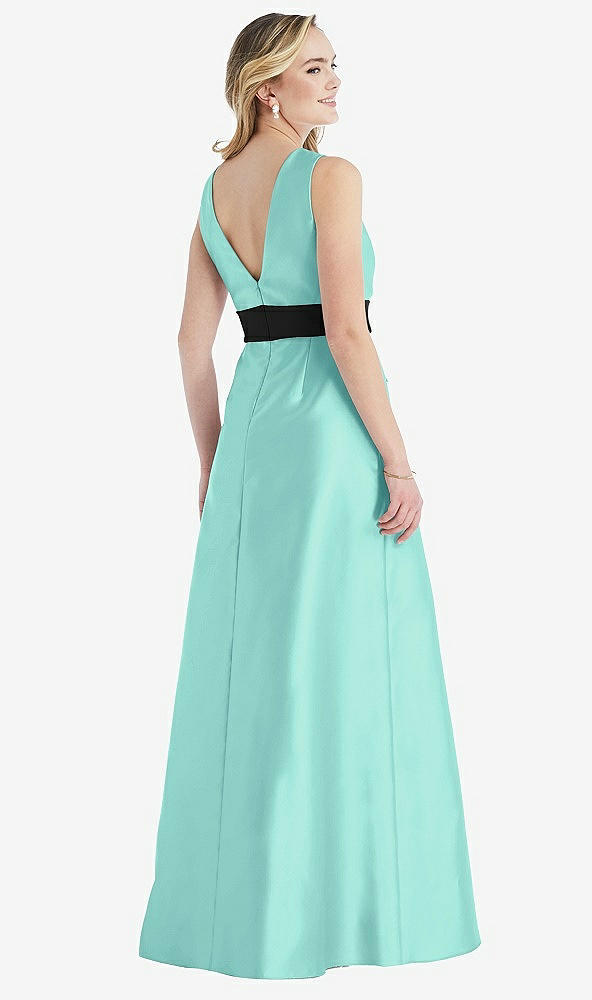 Back View - Coastal & Black High-Neck Bow-Waist Maxi Dress with Pockets