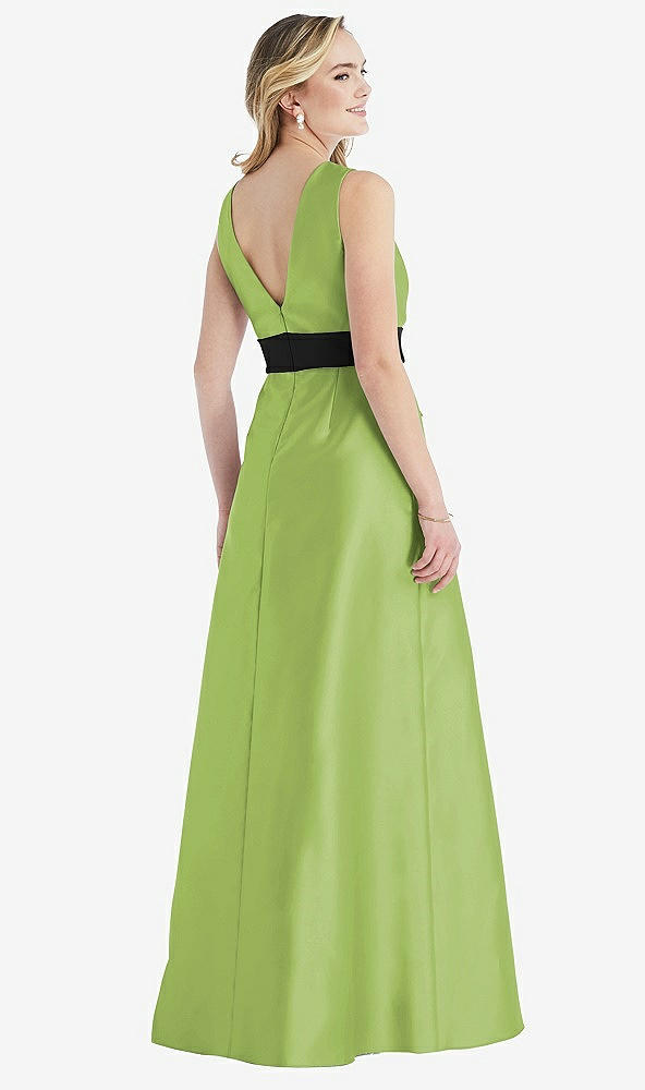 Back View - Mojito & Black High-Neck Bow-Waist Maxi Dress with Pockets