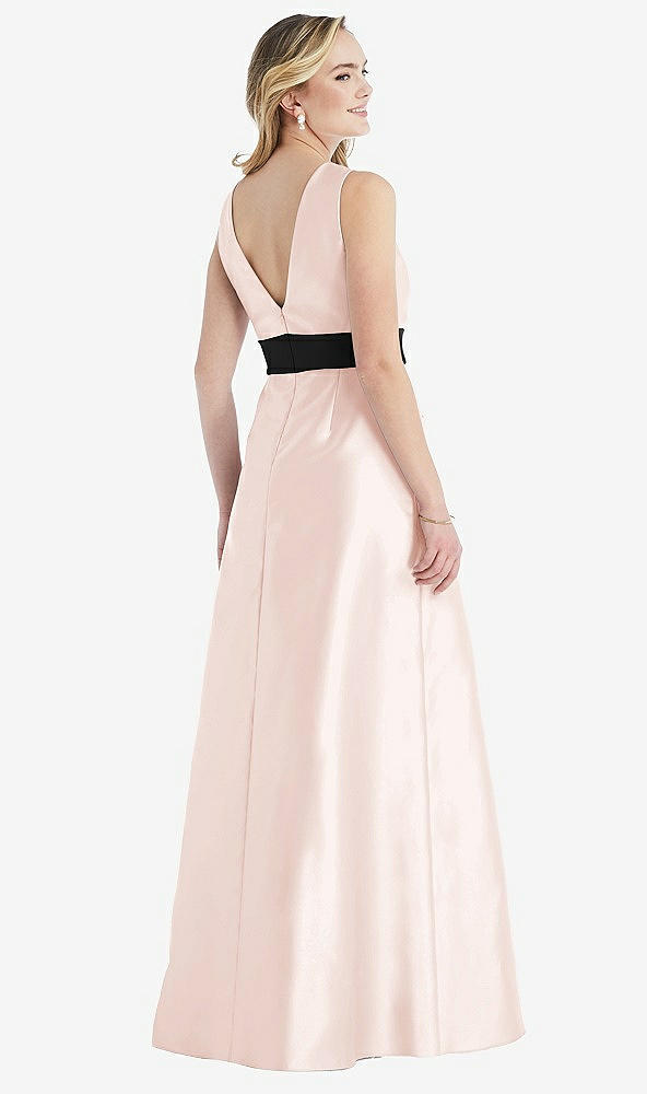 Back View - Blush & Black High-Neck Bow-Waist Maxi Dress with Pockets