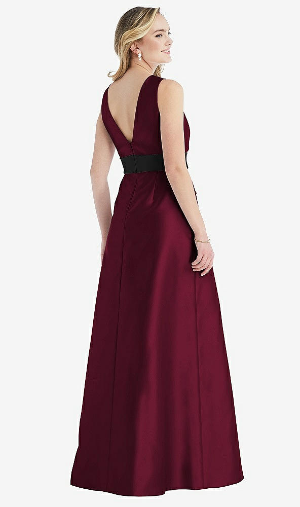 Back View - Cabernet & Black High-Neck Bow-Waist Maxi Dress with Pockets