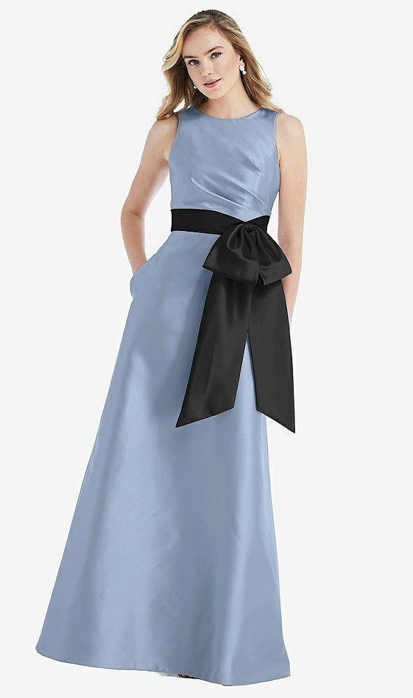 Front View - Cloudy & Black High-Neck Bow-Waist Maxi Dress with Pockets