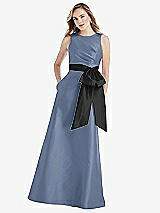 Front View Thumbnail - Larkspur Blue & Black High-Neck Bow-Waist Maxi Dress with Pockets