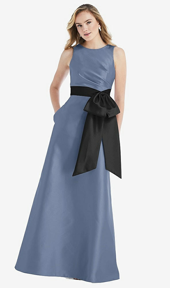 Front View - Larkspur Blue & Black High-Neck Bow-Waist Maxi Dress with Pockets