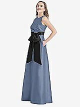 Side View Thumbnail - Larkspur Blue & Black High-Neck Bow-Waist Maxi Dress with Pockets