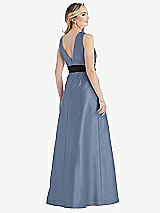 Rear View Thumbnail - Larkspur Blue & Black High-Neck Bow-Waist Maxi Dress with Pockets