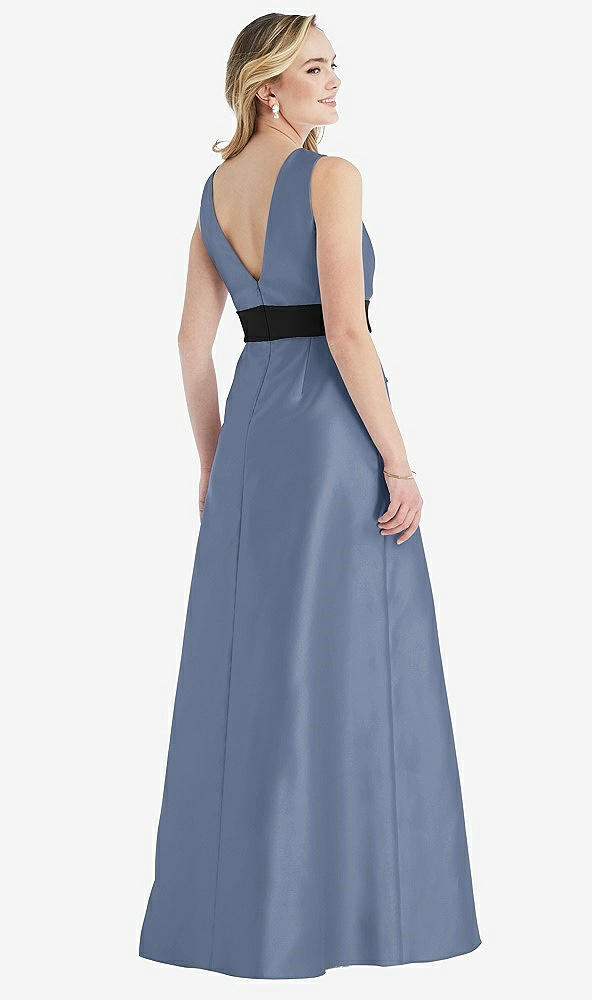 Back View - Larkspur Blue & Black High-Neck Bow-Waist Maxi Dress with Pockets