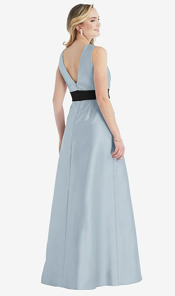 Back View - Mist & Black High-Neck Bow-Waist Maxi Dress with Pockets